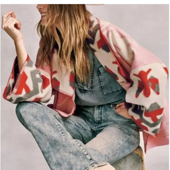 Anthropologie Heidi Kimono Jacket Easy Fit Pockets Pink Ivory Wine Size M # 1096 - Picture 10 of 16